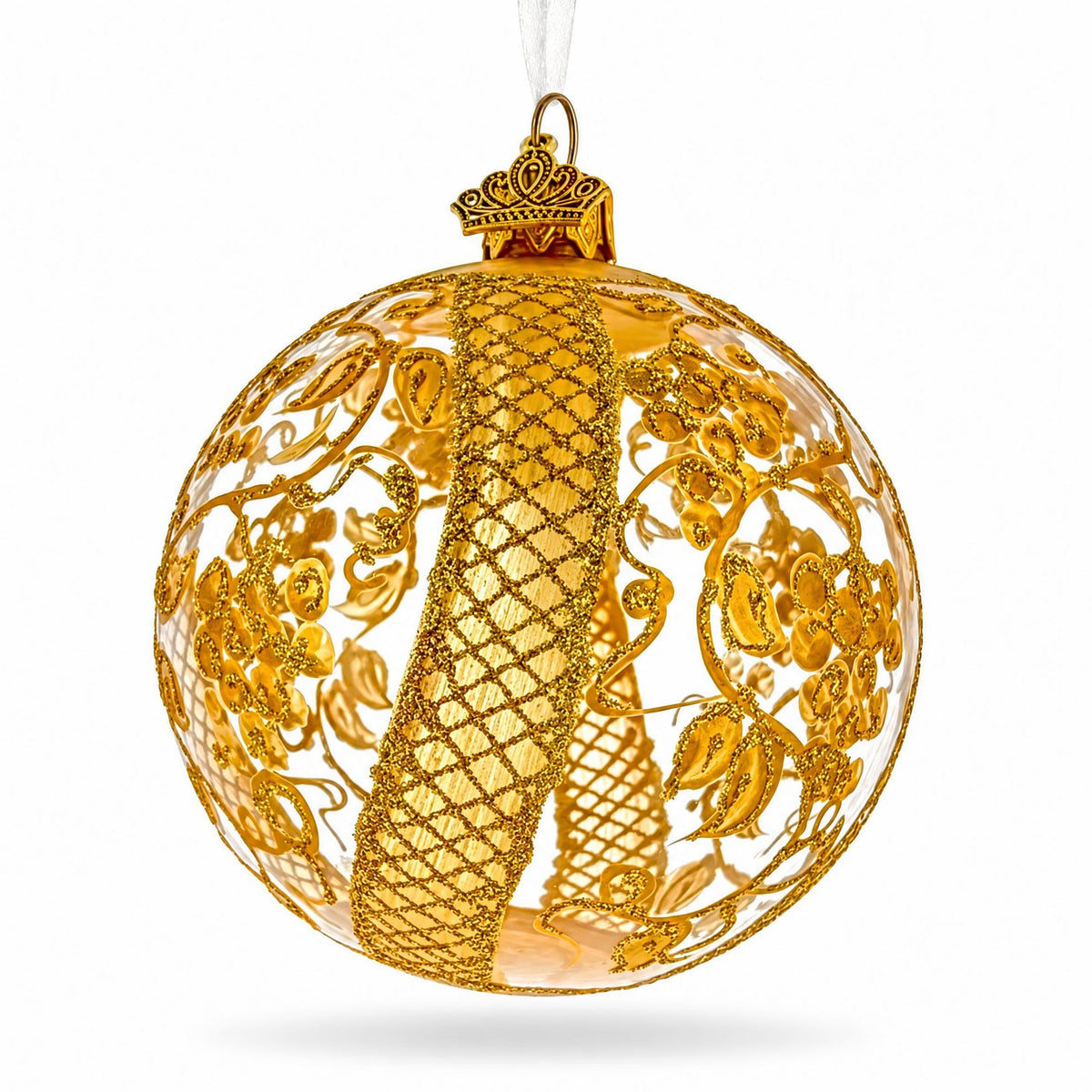 Golden Floral Lattice Clear Glass Ball Christmas Ornament