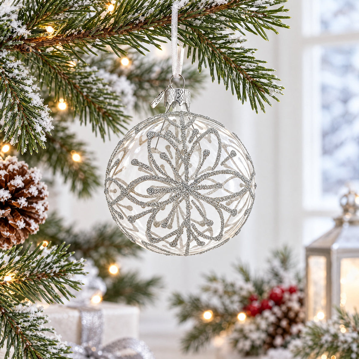 Silver Glitter Snowflake Clear Glass Ball Christmas Ornament