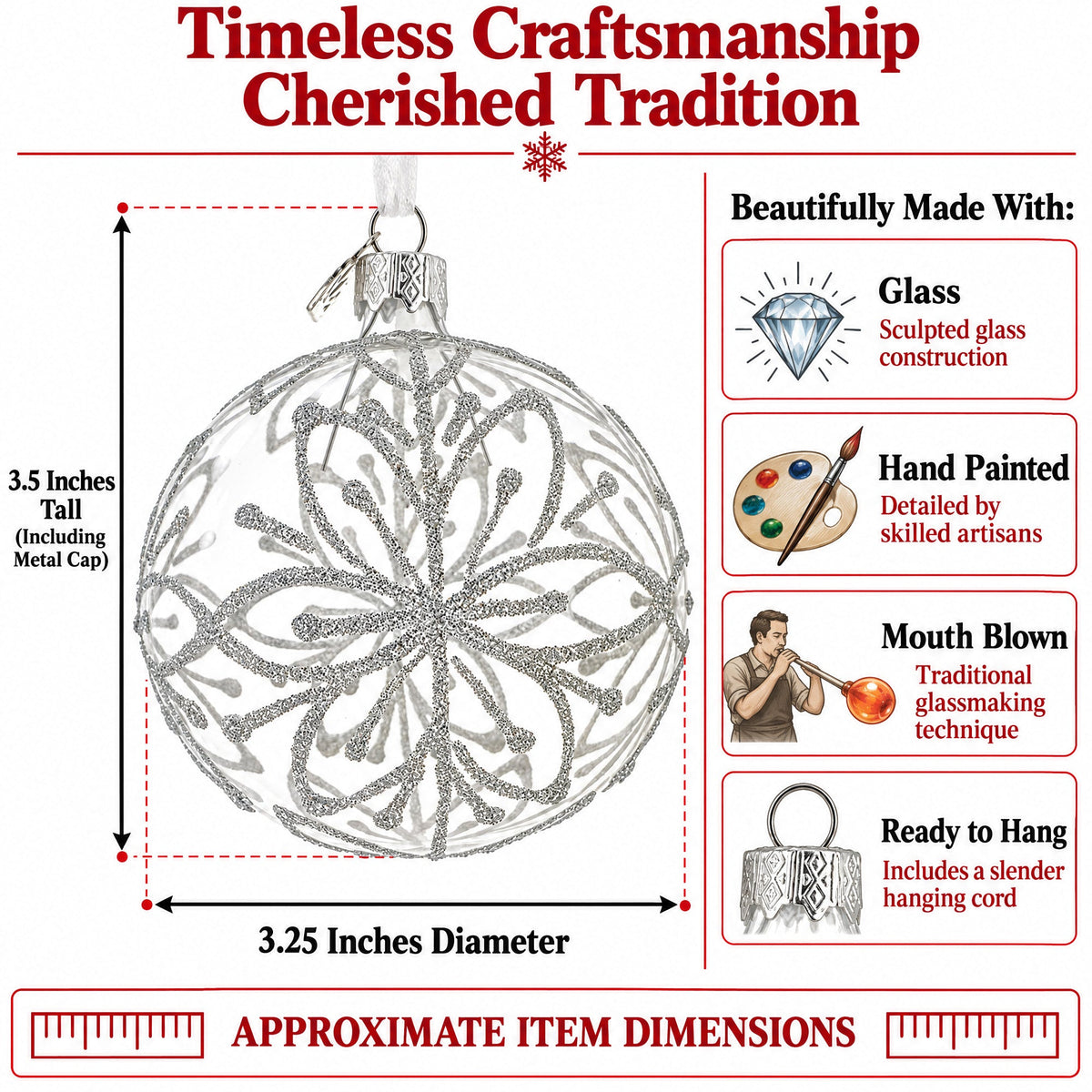 Silver Glitter Snowflake Clear Glass Ball Christmas Ornament