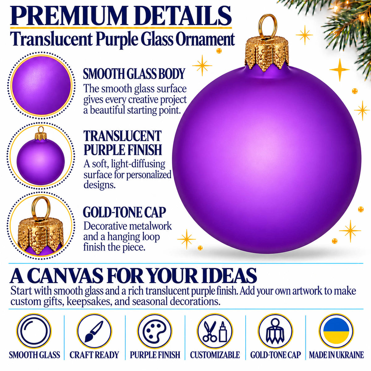 Set of 6 Translucent Purple Glass Ball Christmas Ornaments (052)