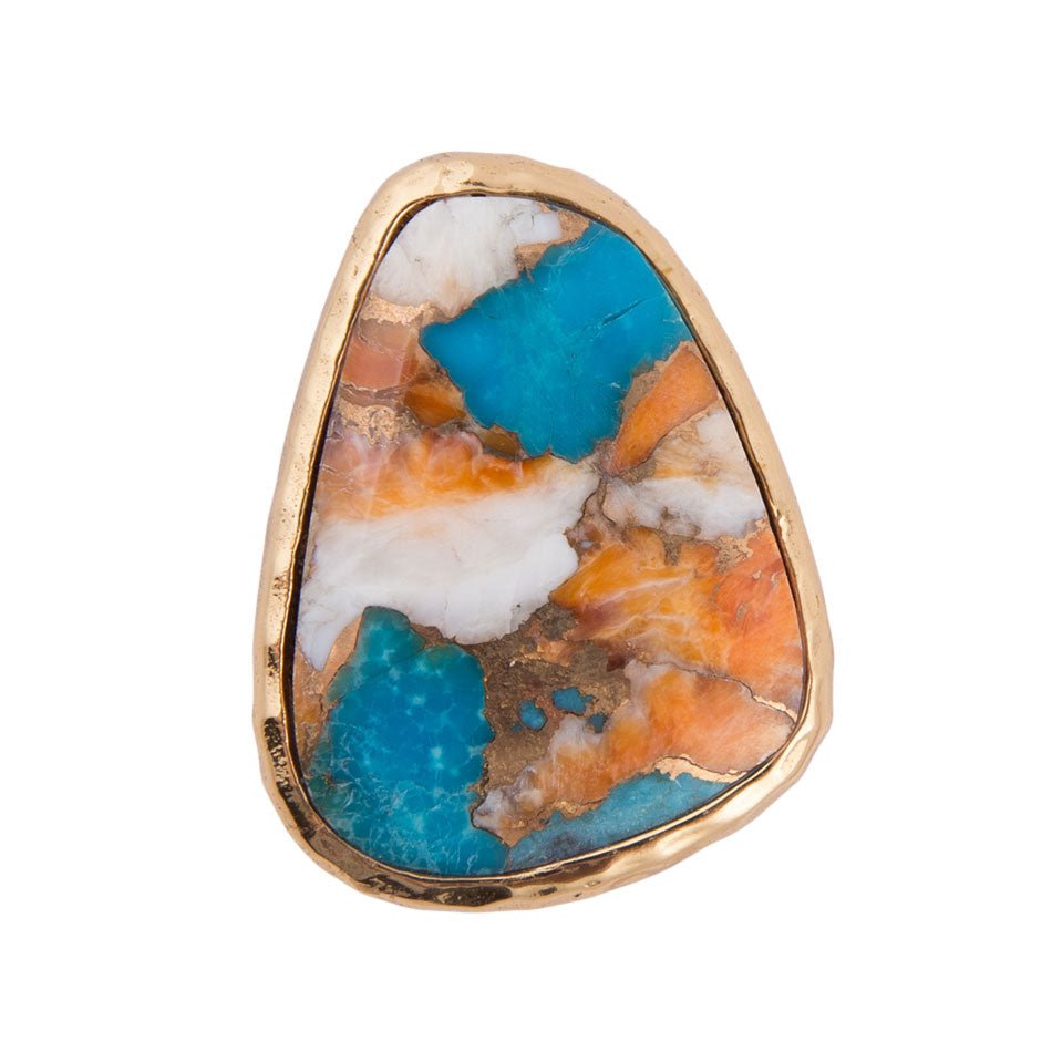 Orange Spiny Oyster and Blue Turquoise Matrix Abstract Golden Ring