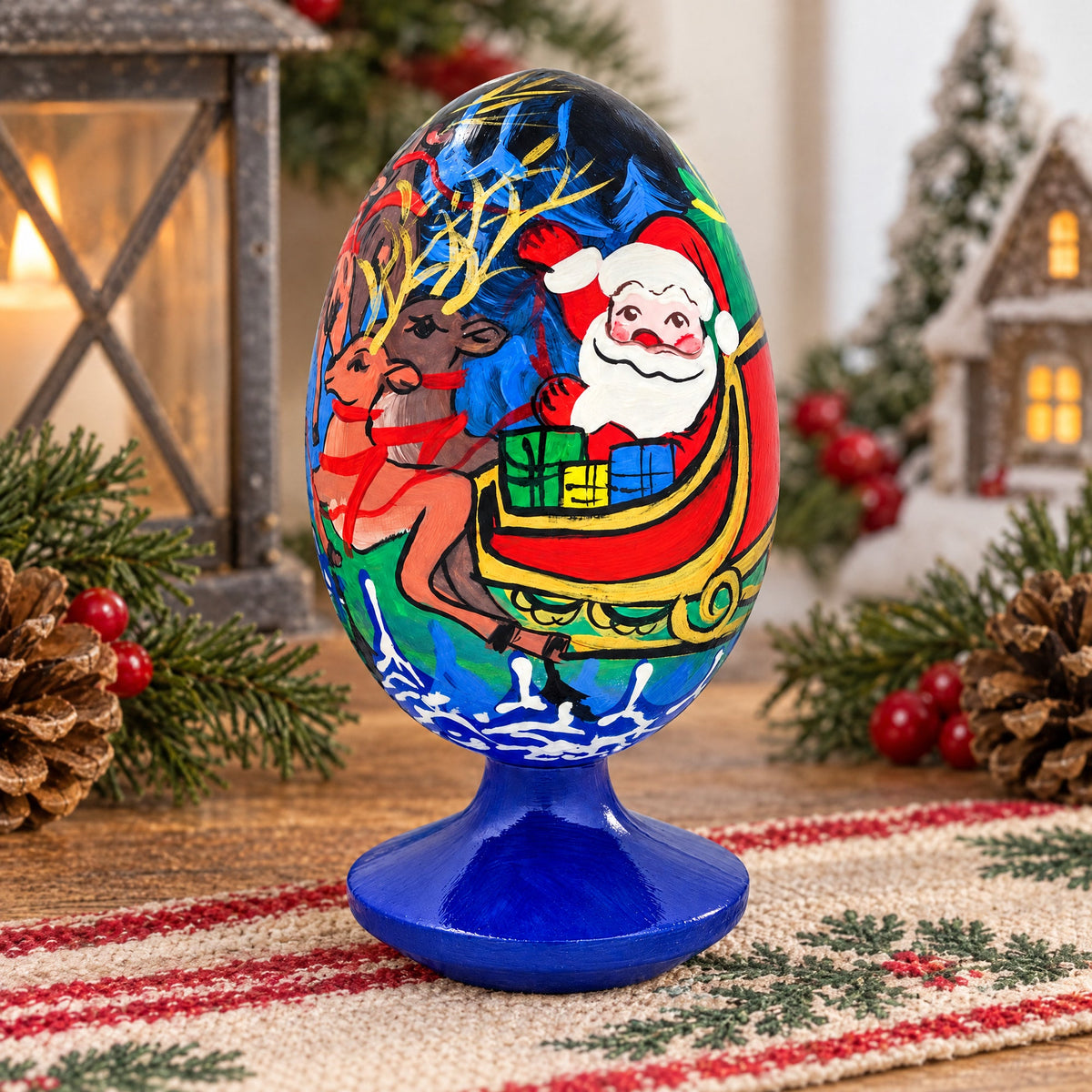Santa, Reindeer in Winter Village Wooden Figurine 4.75 Inches