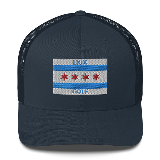 Chicago Flag Golf Trucker Hat — Mesh-Back Snapback Cap