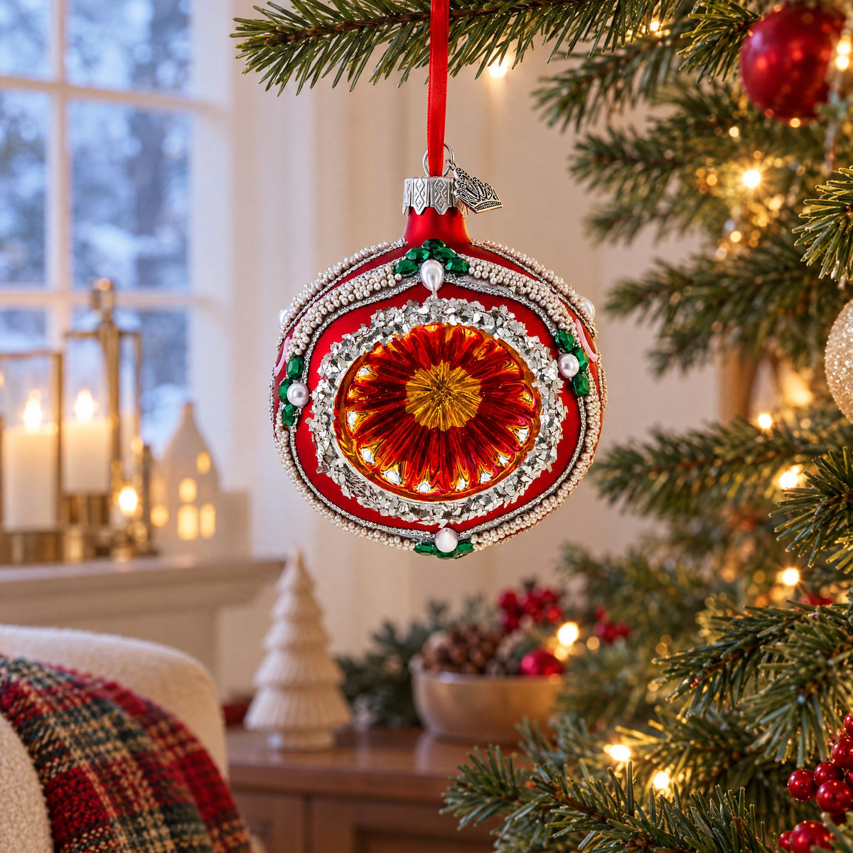 Retro Style Red and Gold Reflector with Glitter, Gems & Indent Center Glass Christmas Ornament