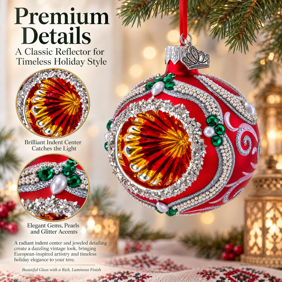 Retro Style Red and Gold Reflector with Glitter, Gems & Indent Center Glass Christmas Ornament