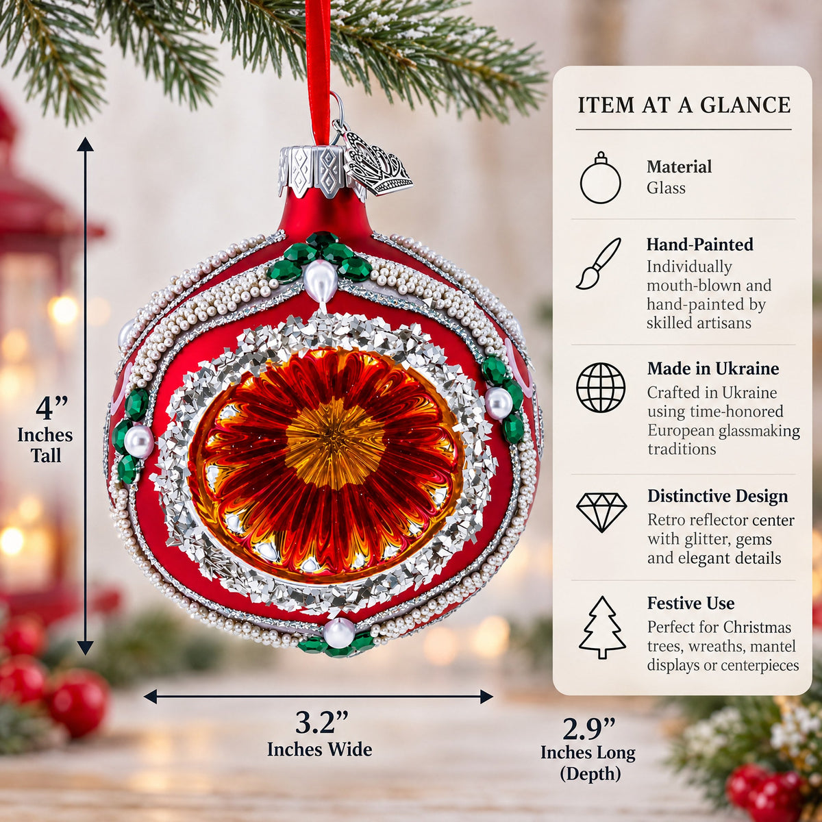 Retro Style Red and Gold Reflector with Glitter, Gems & Indent Center Glass Christmas Ornament