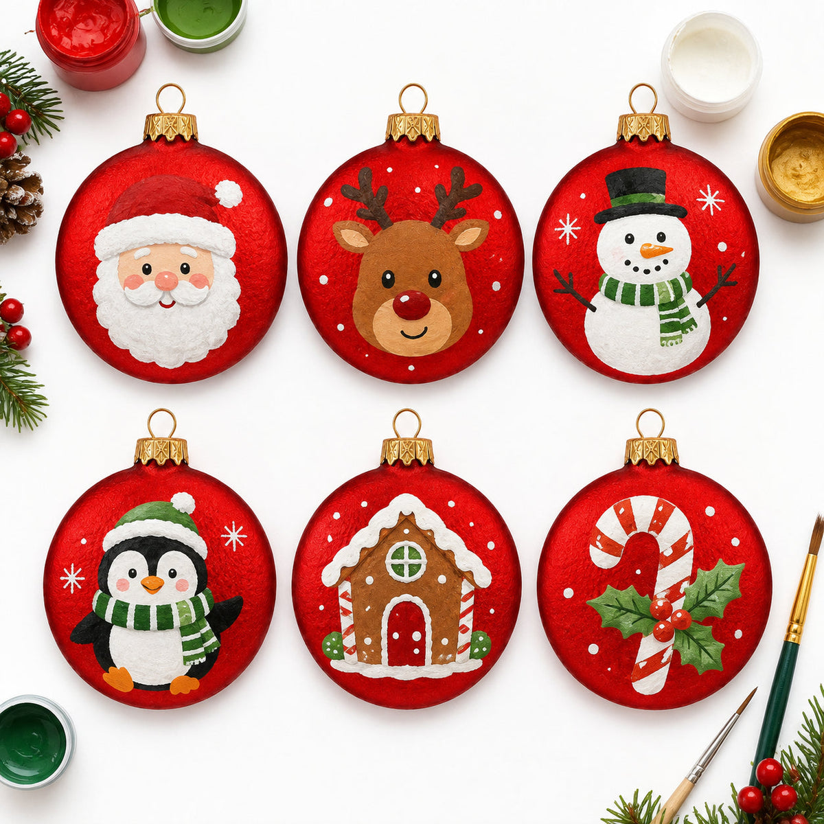 Set of 6 Matte Red Flat Disc Glass Christmas Ornaments 3 Inches