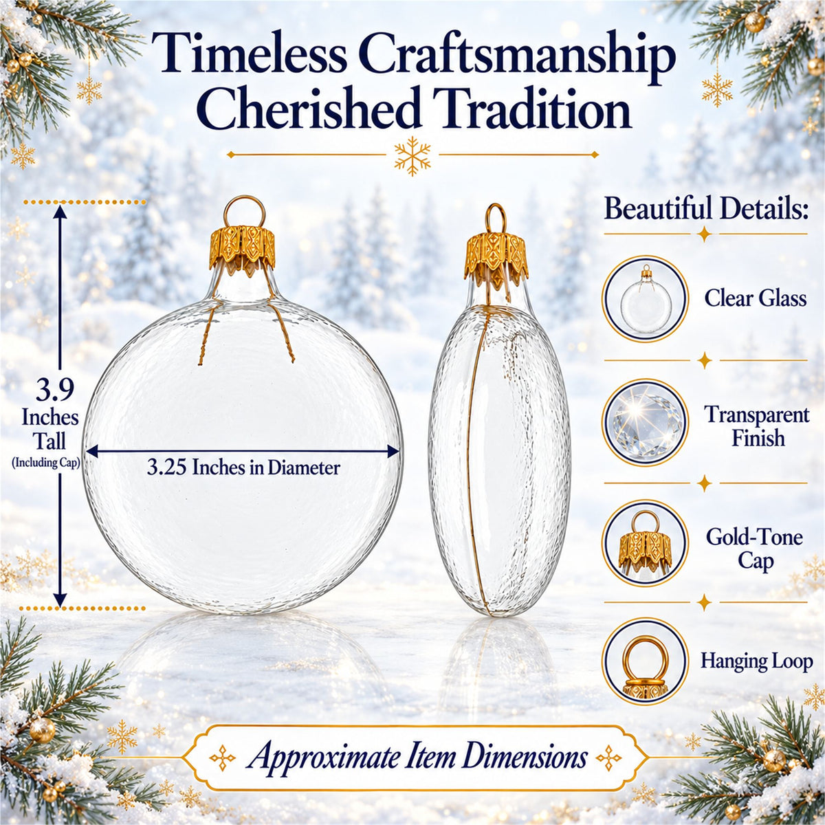 Set of 6 Clear Flat Disc Glass Christmas Ornaments 3 Inches