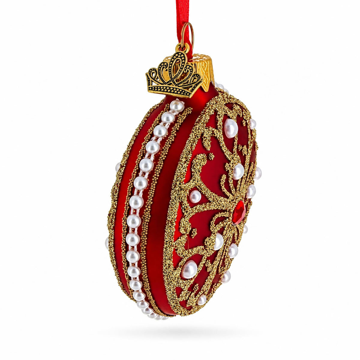 Boutique Scarlet Scrollwork Pearl Accent Glass Disc Christmas Ornament