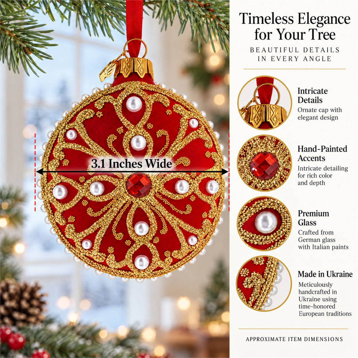 Boutique Scarlet Scrollwork Pearl Accent Glass Disc Christmas Ornament