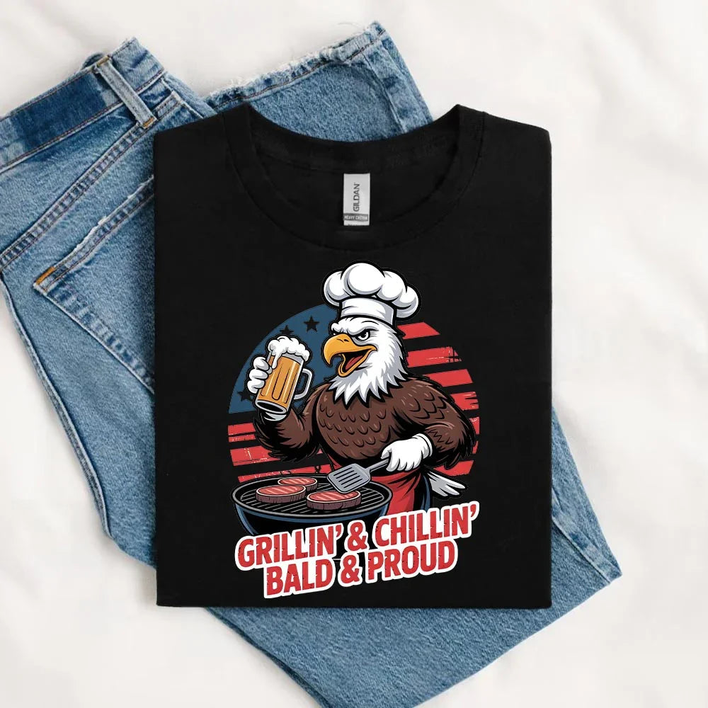 Grillin’ & Chillin’, Bald & Proud T-Shirt – Patriotic Bald Eagle BBQ Vintage Tee