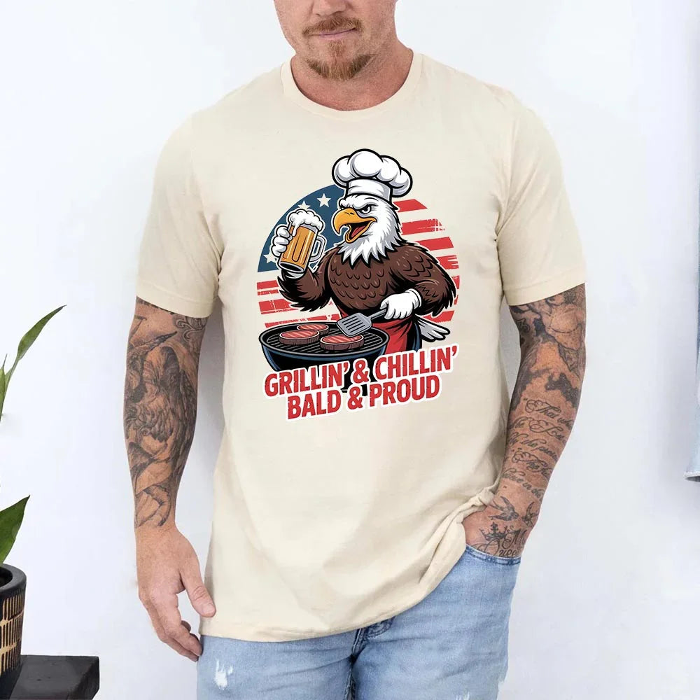 Grillin’ & Chillin’, Bald & Proud T-Shirt – Patriotic Bald Eagle BBQ Vintage Tee