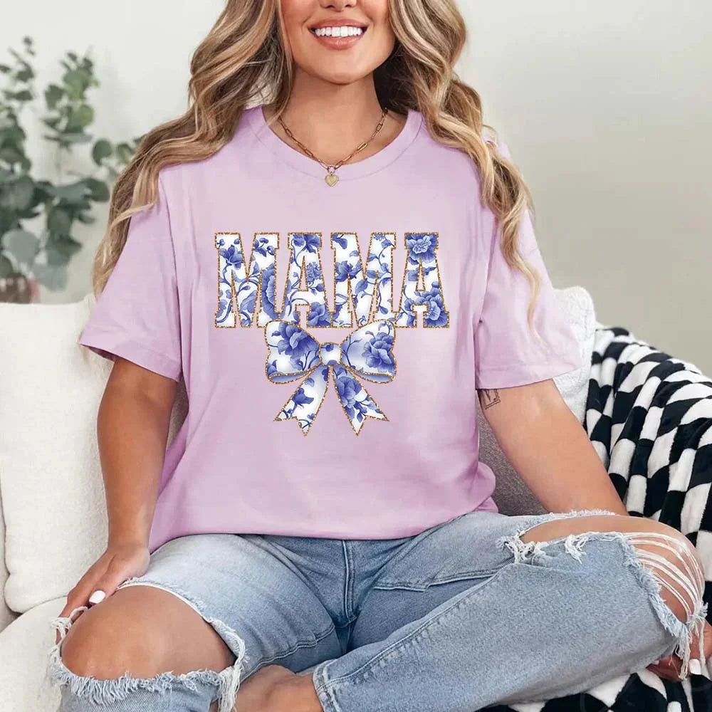 Mama Chinoiserie Coquette Bow T-Shirts – Elegant & Trendy Graphic Tees for Moms