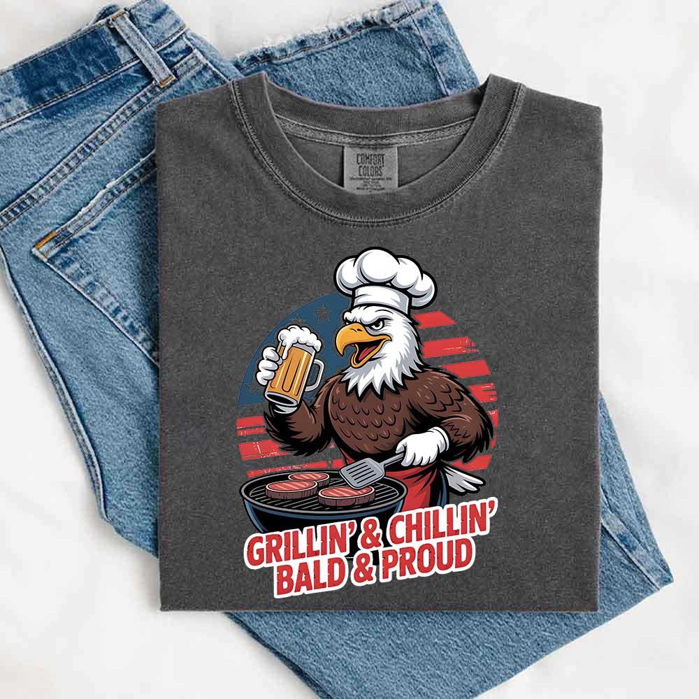 Grillin’ & Chillin’, Bald & Proud T-Shirt – Patriotic Bald Eagle BBQ Vintage Tee