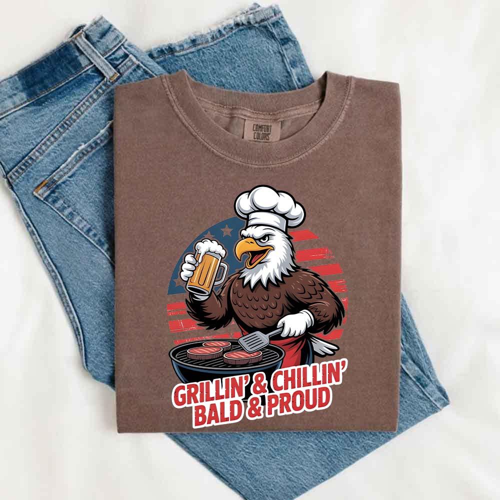 Grillin’ & Chillin’, Bald & Proud T-Shirt – Patriotic Bald Eagle BBQ Vintage Tee